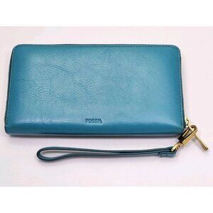 Fossil Zip Around Wristlet Wallet Clutch Teal Green Cow Hide Leather